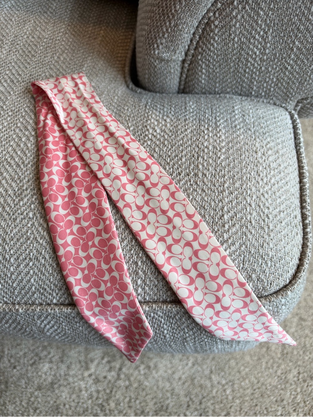 Coach Pink & White Signature C Silk Ponytail Skinny Scarf